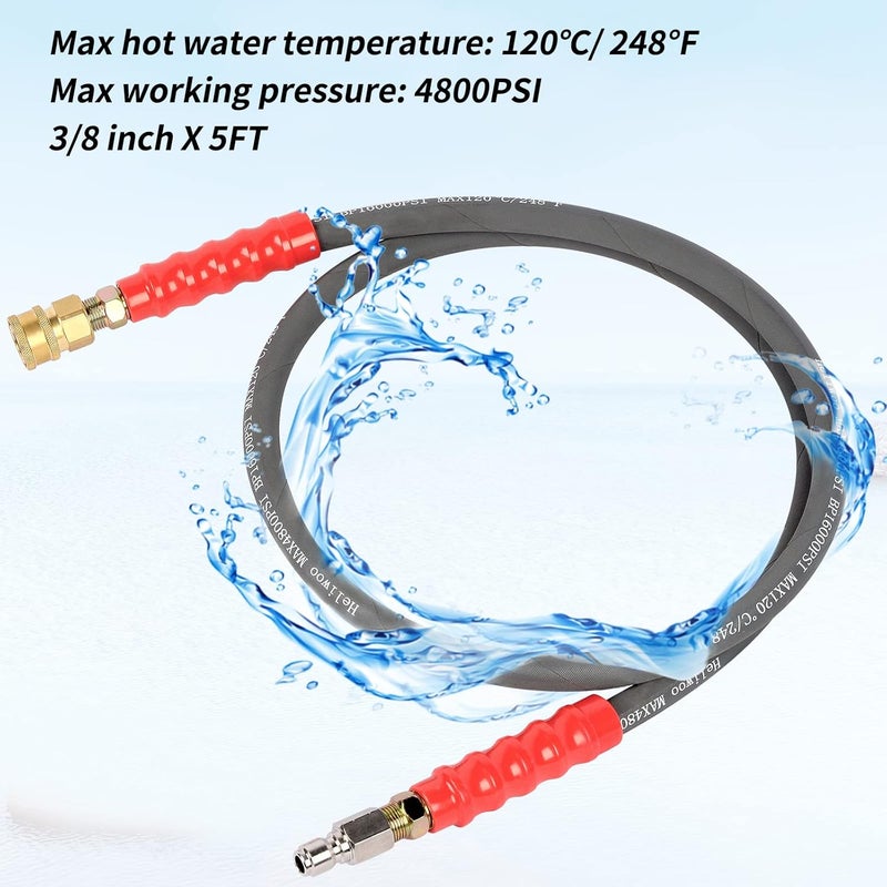 Heliwoo Pressure Washer Whip Hose 5FT, 3/8'' Reel Connector for Power Washer, 248°F Hot Water Jumper with 3/8'' Quick Connect Adapter Set, Steel-Braided-4800 PSI - Image 5